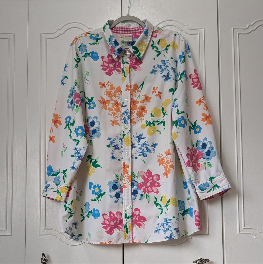 Blair White and Blue Floral Button Up Shirt Lightweight Spring Size 2XL - Picture 3 of 10
